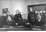 German Generaloberst Hans-Jürgen Stumpff, Generalfeldmarschall Wilhelm Keitel, and Generaladmiral Hans-Georg von Friedeburg at the surrender ceremony at Karlshorst, Berlin, Germany, 8 May 1945 Photo 1 of 2
