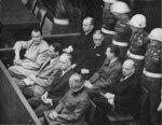 Hermann Göring, Rudolf Heß, Joachim von Ribbentrop, Wilhelm Keitel, Karl Dönitz, Erich Raeder, Baldur von Schirach, and Fritz Sauckel at the Nuremberg Trials, Germany, 7 Feb 1946, photo 2 of 2