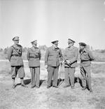 Oliver Leese, Harold Alexander, Winston Churchill, Alan Brooke, and Bernard Montgomery at Tripoli, Libya, date unknown