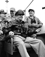 Courtney Whitney, Douglas MacArthur, and Edward Almond aboard AGC Mount McKinley during the Inchon landings, 15 Sep 1950, photo 1 of 2