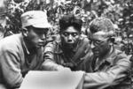 Frank Merrill with two Kachin scouts, Naubum, Burma, circa 30 Apr 1944