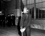 US Navy Mess Attendant First Class Doris Miller speaking during his war bond tour stop at the Naval Training Station, Great Lakes, Illinois, United States, 7 Jan 1943