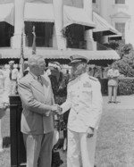 President Harry Truman with Vice-Admiral Marc Mitscher, White House, Washington DC, United States, 16 Jul 1946