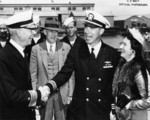 Rear Admiral W. L. Friedell greeting Lieutenant Commander Dudley Morton, Mare Island Navy Yard, Vallejo, California, United States, 29 May 1943; note Morton
