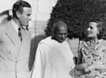 Viceroy of India Louis Mountbatten, Mahatma Gandhi, and Lady Edwina Mountbatten, Government House, New Delhi, India, 1947, photo 2 of 4