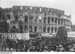 Benito Mussolini speaking before Italian youth on the western side of the Colosseum, Rome, Italy, Sep 1931