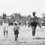 Benito Mussolini and his son Romano at Riccione, Italy, 1932