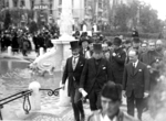 Filippo Cremonesi, Benito Mussolini, and Raffaele De Vico at the inauguration of Piazza Mazzini fountain and garden, Rome, Italy, 1930