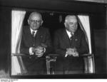 German Foreign Minister Konstantin von Neurath and Italian Ambassador to Germany Bernardo Attolico at the window of a rail car, Rome, Italy, May 1937