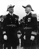 Rear Admiral Russell Willson relieving Rear Admiral Chester Nimitz as Commander US Navy Battleship Division One aboard USS Arizona, San Pedro, California, United States, 26 May 1939