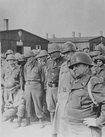 George Patton, Omar Bradley, and Walton Walker touring the Ohrdruf Concentration Camp, Gotha, Germany, 12 Apr 1945