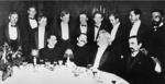 Maxim Gorky and Mark Twain at a dinner at Club A House, New York, New York, United States, 12 Apr 1906; note Zinovy Peshkov seated next to Gorky