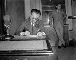 Manuel Quezon giving a radio address regarding woman suffrage and speeding up the Philippine independence timeline, Washington DC, United States, 5 Apr 1937, photo 1 of 2