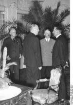 Joachim von Ribbentrop, Adolf Hitler, and Neville Chamberlain at Rheinhotel Dreesen, Bad Godesberg, Bonn, Germany, 22-24 Sep 1938