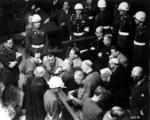 Hermann Göring, Rudolf Heß, Joachim von Ribbentrop, Wilhelm Keitel, Karl Dönitz, Erich Raeder, Baldur von Schirach, and Fritz Sauckel at the Nuremberg Trials, Germany, 7 Feb 1946, photo 1 of 2