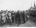Adolf Wagner, Karl Fiehler, Franz von Epp, Nevile Henderson, Neville Chamberlain, and Joachim von Ribbentrop at Oberwiesenfeld Airfield, München, Germany, 29 Sep 1938