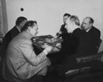 Göring, Dönitz, Funk, Schirach, and Rosenberg eating lunch during the Nuremberg Trials, Nürnberg, Germany, 1945-1946