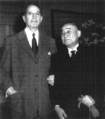 Douglas MacArthur and Shigeru Yoshida at the Waldorf-Astoria Hotel, New York, New York, United States, 5 Nov 1954