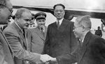 Vyacheslav Molotov welcoming a Chinese diplomat to the Soviet Union, Moscow, Russia, circa 13-14 Aug 1945; note Song Ziwen in background