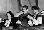 Joseph Stalin with collective farmers Maria Demchenko and Praskovya Angelina at the 10th Congress of the Komsomol, Moscow, Russia, 11-21 Apr 1936