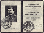 Certificate showing Stalin as a honorary member of the Academy of Sciences of the Soviet Union, issued on 22 Dec 1939, as seen in the Ogonyok magazine dated 15 Mar 1953