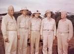 Major General Roy Geiger, Admiral Raymond Spruance, Lieutenant General Holland Smith, Admiral Chester Nimitz, and Lieutenant General Alexander Vandegrift at Guam, 11 Aug 1944