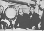Chief of Staff Matome Ugaki, Admiral Isoroku Yamamoto, liaison staff officer Shigero Fujii, and administrative officer Yasuji Watanabe aboard battleship Nagato, early 1940s