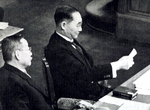 Japanese Prime Minister Mitsumasa Yonai reading a memo in the prime minister