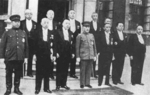 Manchukuo politicians. Front: Yu Zhishan, Xie Jieshi, Xi Qia, Zhang Jinghui, Zang Shiyi, Lu Ronghuan, Ding Jianxiu. Back: Yuan Jinkai, Li Shaogeng, Ruan Zhenduo, Zhang Yanqing, 1930s, photo 2 of 2