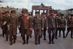 Georgy Zhukov, Bernard Montgomery, Konstantin Rokossovsky, and Vasily Sokolovsky (rear row, between Montgomery and Rokossovsky) in Berlin, Germany, 12 Jul 1945; note Brandenburg Gate in background