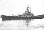 US battleship Alabama anchored in Puget Sound, Washington, United States, 15 Mar 1945, photo 1 of 5; port broadside view, note independently-elevated guns