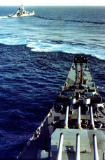 Alaska maneuvered in front of Missouri during their shakedown cruises, circa Aug 1944
