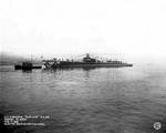 Albacore being towed to dock shortly after launching, Groton, Connecticut, United States, 17 Feb 1942