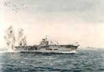 Watercolor by Edward Tufnell depicting Ark Royal under German bomber attack, 1941
