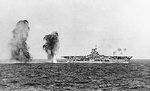 Bombs falling astern of Ark Royal during Battle of Cape Spartivento, 27 Nov 1940