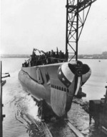Launching of submarine Baya, Groton, Connecticut, United States, 2 Jan 1944