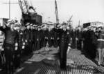 Commander Mason and other officers at the commissioning ceremony of USS Baya, Mare Island Naval Shipyard, California, United States, 10 Feb 1948