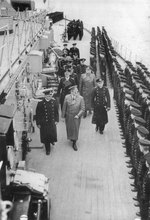 Adolf Hitler inspecting battleship Bismarck with Admiral Lutjens and Captain Lindemann, Gotenhafen, Germany (now Gdynia, Poland), 5 May 1941, photo 1 of 3