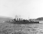 HMAS Canberra leaving Wellington, New Zealand, en route for the invasion of Guadalcanal and Tulagi in the Solomon Islands, 22 Jul 1942