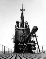 View of conning tower and deck gun of USS Cero, Groton, Connecticut, United States, Jul-Aug 1943