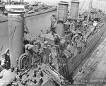 Detroit at the Mare Island Navy Yard, California, United States, 15 Aug 1942, photo 3 of 3; note destroyer Preston in background