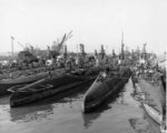 US submarines Bashaw, Mingo, Dragonet, Guavina, Sunfish, Sargo, Spearfish, and Saury at Mare Island Naval Shipyard, California, United States, 6 Dec 1945