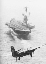 S-2E Tracker aircraft approaching USS Essex in the Mediterranean Sea, 1967; seen in US Navy Naval Aviation News Jan 1970