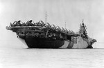 USS Essex departing San Francisco Naval Shipyard, California, United States, 15 Apr 1944, photo 3 of 4; note camouflage measure 32 design 6/10D