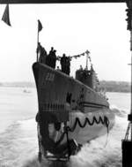 Launching of submarine Finback, Portsmouth Naval Shipyard, Kittery, Maine, United States, 25 Aug 1941