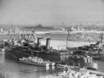 British ships Vienna (center), Carlisle (behind Vienna), Dido (behind Carlisle), Ashanti (right), Oakley (behind Ashanti), Maidstone (behind Oakley), and Formidable (rear) at Algiers, Algeria, circa 1942-1943