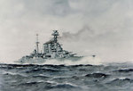 Watercolor by Edward Tufnell depicting Hood underway, 1941