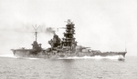 Hybrid battleship-carrier Hyuga running full power trial, Japan, 24 Aug 1944