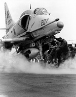 A-4F Skyhawk attack aircraft ready to launch from a steam catapult aboard USS Intrepid, Gulf of Tonkin, Sep 1968