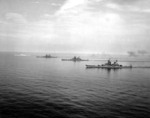 USS Iowa (foreground), USS Wisconsin, USS Missouri, and USS New Jersey (background) off the Virginia Capes, Virginia, United States, 7 Jun 1954